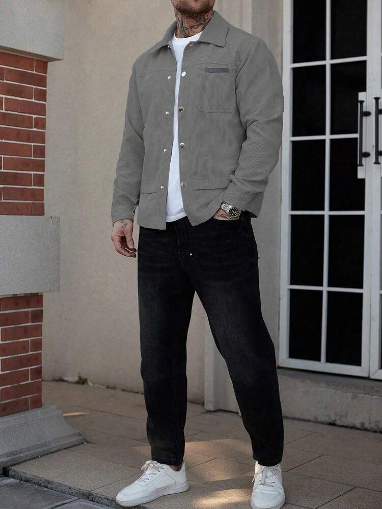 Manfinity CasualCool 户外休闲街头风时尚百搭男士长袖灯芯绒夹克 灰色，秋冬季 - 淺灰色 - 查看 8