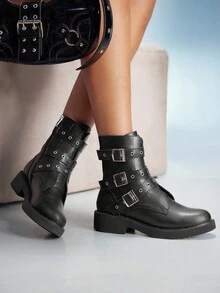 CUCCOO GRLICON Giày bốt cổ ngắn nữ, kiểu Y2K, phong cách Punk, phong cách Biker, phong cách cá tính, phù hợp cho Halloween, Giáng sinh, tiệc tùng. - màu đen - Xem 7