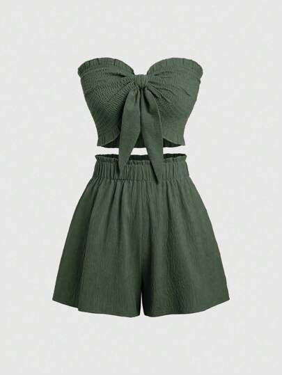 Sweetra 2pcs/Set Solid Color Cropped Tube Top & Slim Fit Shorts