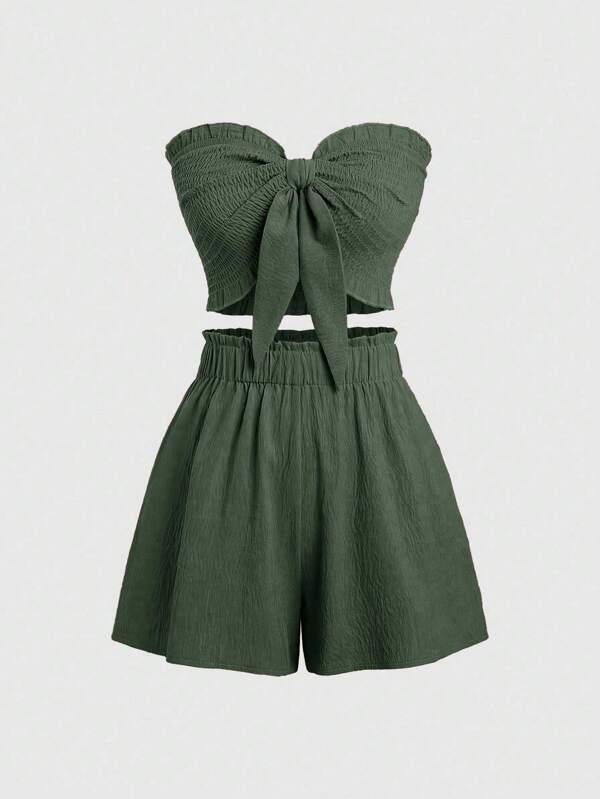 Sweetra 2pcs/Set Solid Color Cropped Tube Top & Slim Fit Shorts