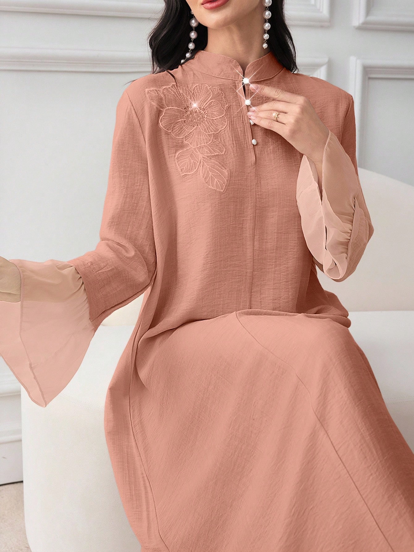 Al Najma فستان نسائي بياقة عالية وأكمام طويلة مع ت...