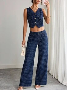 Elenzga Conjunto de chaleco y pantalones de mezclilla de moda para mujer, para verano - Azul lavado oscuro - Ver 1