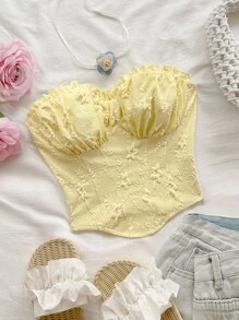 Soleia 女士度假白色性感收腰纹理提花面料荷叶边修身短款上衣，适合派对、约会、情人节、下午茶、海滩、游轮、度假村、复活节、狂欢节、中国新年、城市公路旅行 - 黃色 - 查看 1