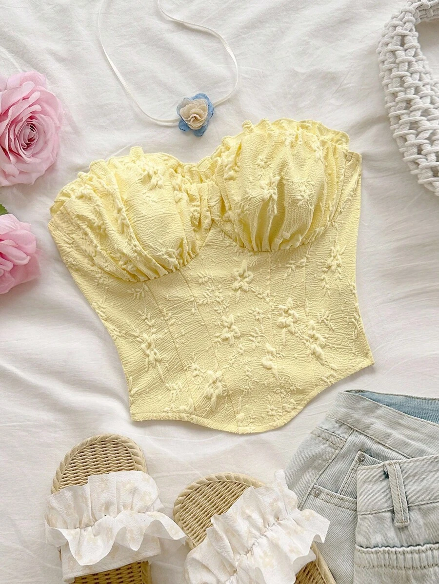 Soleia 女士度假白色性感收腰纹理提花面料荷叶边修身短款上衣，适合派对、约会、情人节、下午茶、海滩、游轮、度假村、复活节、狂欢节、中国新年、城市公路旅行 - 黃色 - 查看 1