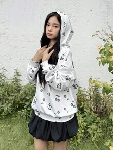 SHEIN Áo sweatshirt dáng rộng in hình quả anh đào dễ thương, phong cách thường ngày dành cho nữ tuổi teen, thích hợp cho mùa Thu/Đông. - trắng - Xem 8