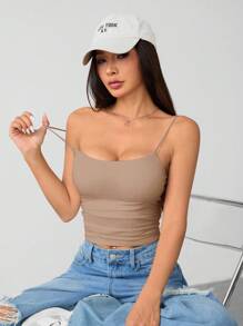 SHEIN PETITE Áo ba lỗ hở ngực bó sát cổ tròn thoáng khí cơ bản màu trắng dành cho nữ - Màu Khaki - Xem 4
