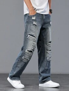 Manfinity Homme Jeans casuales de mezclilla rasgados de talla grande para hombres, jeans holgados rasgados, jeans desgastados, estilo emo - Azul - Ver 6