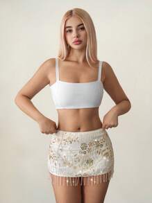 SHEIN ICON 女式串珠流苏下摆迷你裙，低腰紧身裙，内置短裤，性感别致的 B 秋季女装