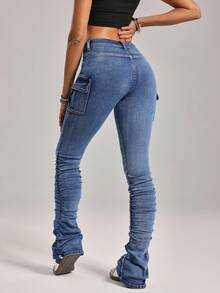 SHEIN Tall 女式休闲做旧斜口袋叠层牛仔裤 - 深色水洗藍 - 查看 2