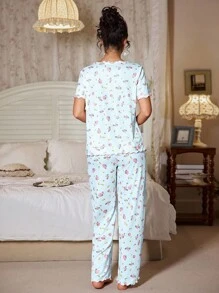 FloralLove 蝴蝶结装饰花卉印花纹理针织女士睡衣套装 2 件套睡衣套装女士女士睡衣套装女士睡衣套装女士花卉睡衣套装女士睡衣套装 - 藍色 - 查看 2