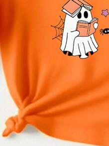 女式简约时尚休闲创意网格书形鬼魂图案印花圆领短袖 T 恤，万圣节 - 卡其色 - 查看 5