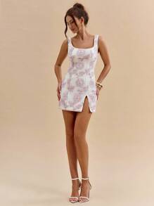 SHEIN BAE Váy ôm sát cơ thể mini họa tiết hoa 3D màu hồng trơn thu đông xẻ tà, thích hợp mặc đi tiệc, đi câu lạc bộ, hẹn hò, phù dâu, đám cưới, đầm sang trọng - Hồng - Xem 4