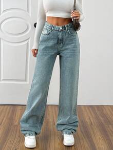 EURMUSE Stylish Women's Denim Straight Leg Jeans In Medium Wash With Zipper Detail And Plain Pattern Long For Casual Outfits - Medium Wash - View 6