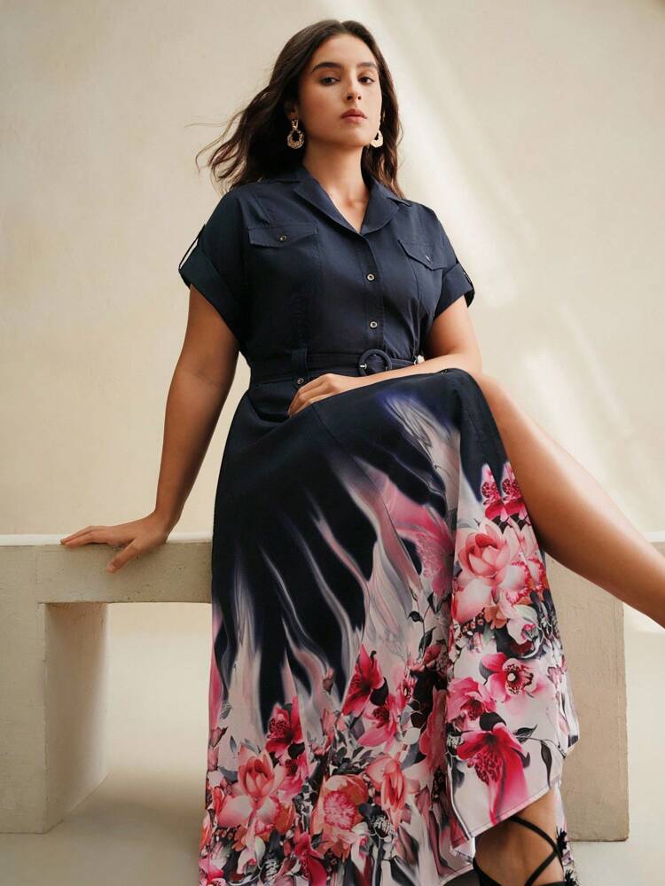 Nuevo vestido de manga corta con estampado floral, de corte retro y elegante, de talla grande y abotonadura sencilla