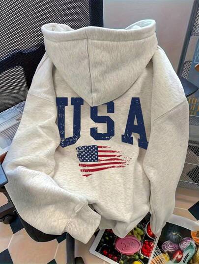 INAWLY Women's US Flag Print Drop Shoulder Hoodie Graduation,Back To School,Graduation,Teacher For Women,Back To School Pullover Fall