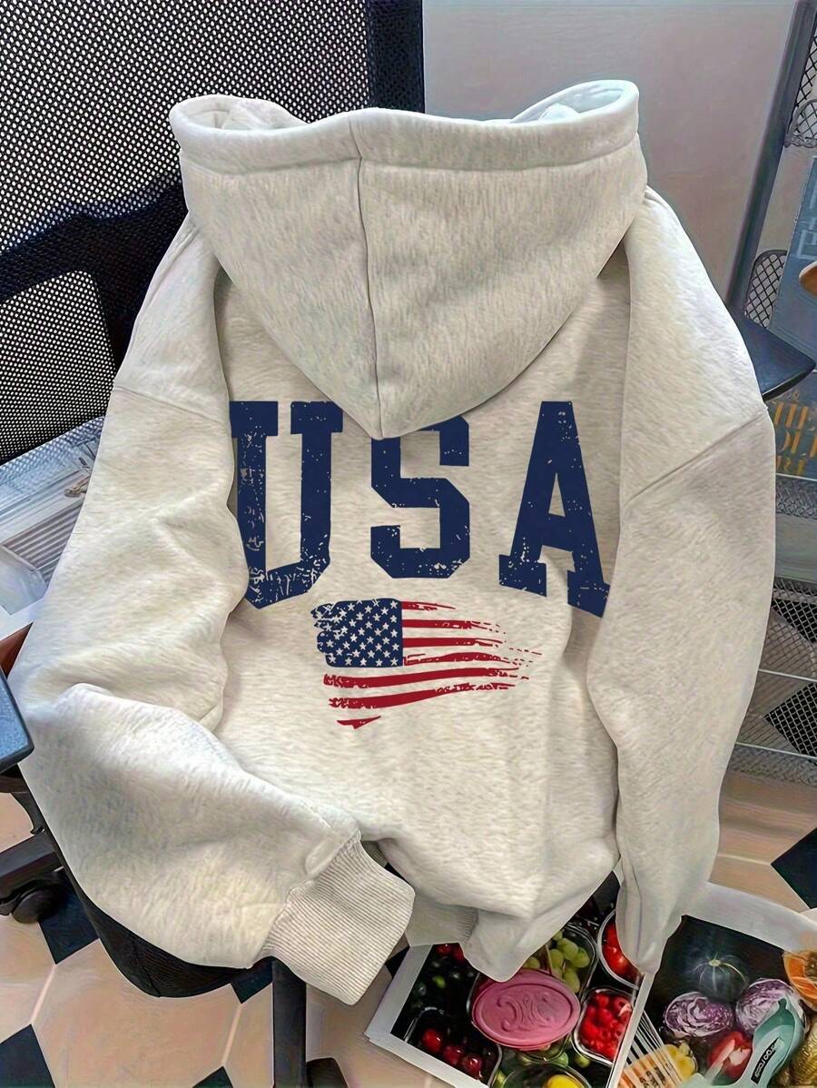 INAWLY Women's US Flag Print Drop Shoulder Hoodie Graduation,Back To School,Graduation,Teacher For Women,Back To School Pullover Fall