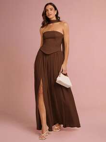 Enchnt 女士纯色抹胸开叉褶皱时尚夏装