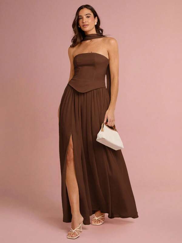 Enchnt Women's Solid Color Bandeau Split Pleated Fashion Summer Dress