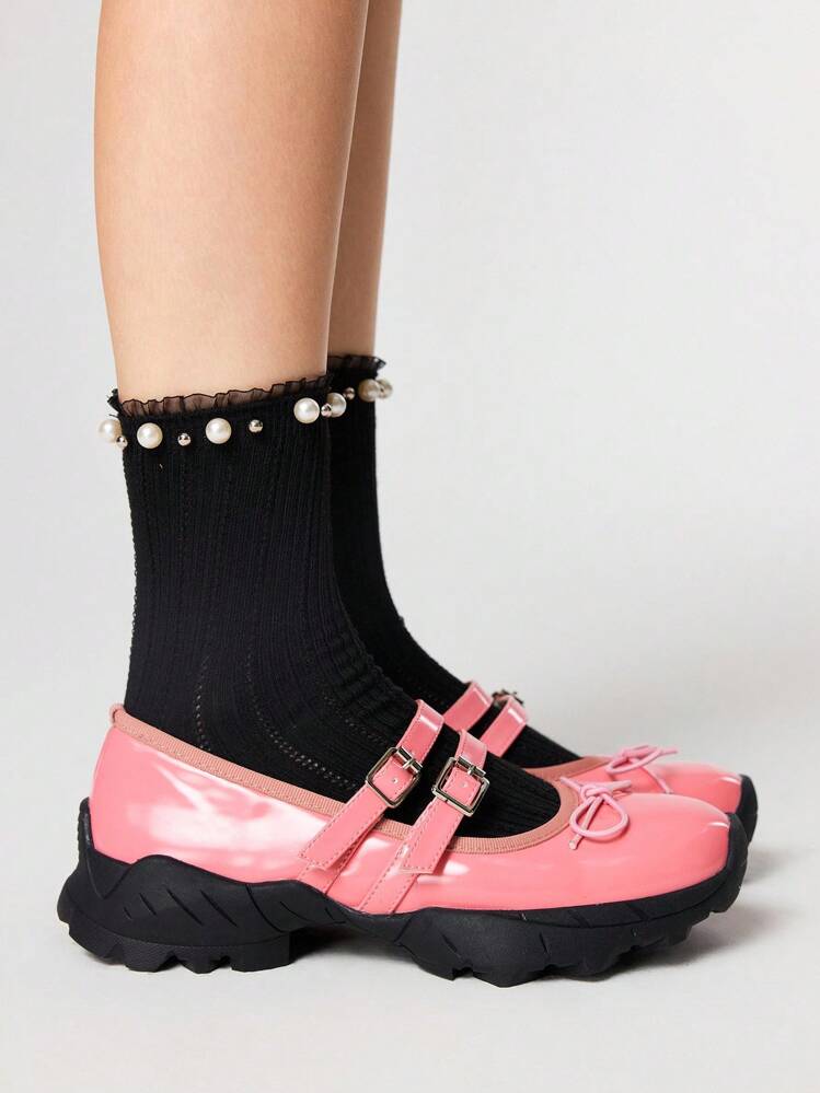 Goth Women's Bowknot Round Toe Chunky Sole Ballet Flats, PU Material, Pink Color With Buckle Design, Suitable For Sports, Graduation, Photography - Pink - View 4