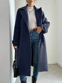 EURMUSE Women's Solid Color Lapel Collar Long Sleeve Long Fashionable Coat - Navy Blue - View 4