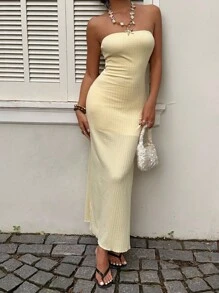 Lyxana 纹理面料露肩侧开衩修身连衣裙 - 淡黃色 - 查看 4