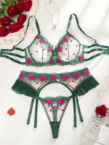 SHEIN 3 件套加大码网眼刺绣内衣套装，带钢圈（无吊袜带）