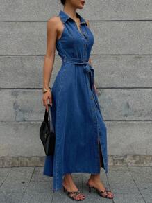 DAZY 女士休闲水洗牛仔无袖系带领连衣裙 夏季女装连衣裙 - 中等水洗藍 - 查看 3