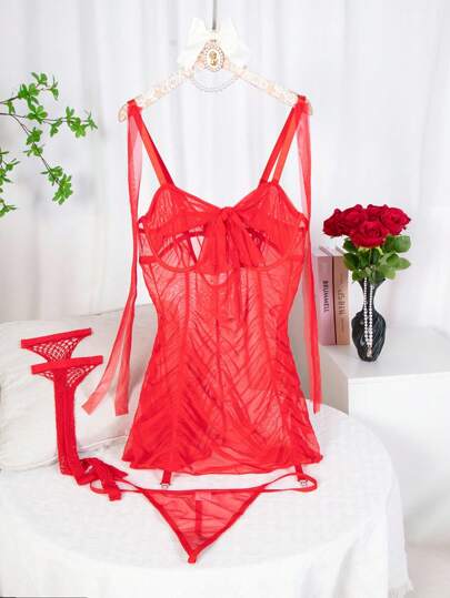 Snug Zone 4 件套加大码纯色褶皱网眼内衣裙套装