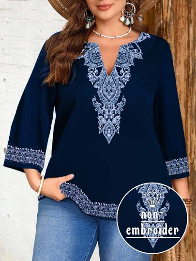 EMERY ROSE Navy V-Neck Faux Embroidery Blouse, Retro Style Plus Size Top