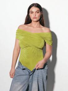 Maija Plus Size Women Casual Basics Off Shoulder Criss-Cross Bodysuit, St. Patty's Day - Mint Green - View 4