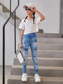 SHEIN Tween Girl Denim-Effect & Butterfly Print Leggings - Multicolor - View 8