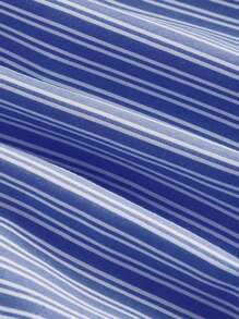 SHEIN MOD Áo sơ mi nữ cỡ lớn màu xanh navy sọc trắng cổ bẻ không đối xứng, thắt eo - Xanh đậm - Xem 3