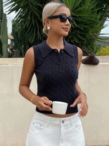 Livesso 女式马球领扭纹休闲无袖针织上衣