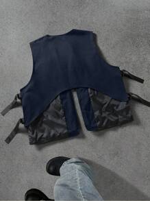 PAVTROS 男士骷髅印花口袋休闲背心，万圣节度假夏秋季外出街头背心，送给朋友、丈夫、男朋友的礼物加重背心男士背心海军蓝背心科技背心骷髅背心图案背心 - 藏蓝色 - 查看 2