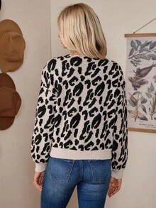 LanaWest Women's Casual V-Neck Leopard Print Contrast Color Bow Lantern Sleeve Cardigan Sweater, Autumn/Winter - Khaki - View 4