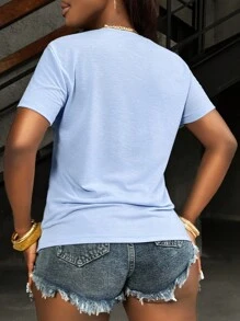 SHEIN Basic Solid Color Crew Neck Short Sleeve Casual Top - Baby Blue - View 2