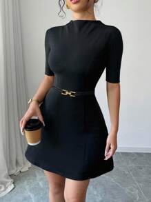 Elenzga 时尚新款中式立领小黑裙，女款优雅纯色中式立领中袖A字金属腰带A字连衣裙，高弹力纹理面料，纯色，时尚修身，适合通勤、休闲日常、返校季、教师装、职业装 - 黑色 - 查看 3