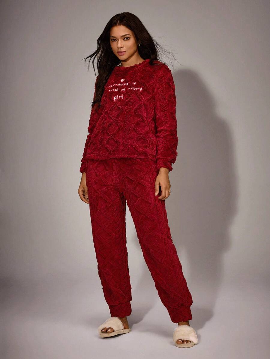 Women Slogan Embroidery Fleece Long Sleeve Top & Pants Pajama Set Cozy Outfit, Fall Winter Clothes - Burgundy - View 1