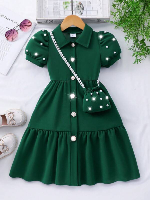 Elladie kids Young Girl' Solid Color Collar Puff Sleeve Cardigan Summer Cute Dress With Mini Bag  Back To School  School Clothes Girls Dress With Pearls Dark Green Dress For Kids