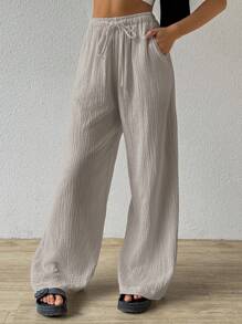 SHEIN EZwear 夏季纯色纹理褶皱面料宽松抽绳腰系带纯棉休闲度假阔腿裤，加大码 - 灰色 - 查看 4