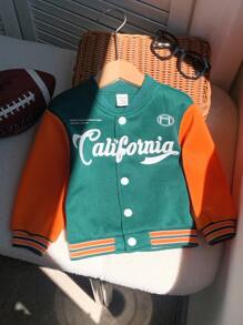 SHEIN Áo khoác bóng chày lót lông cừu ấm áp, kiểu dáng thường ngày cho bé trai/bé gái, màu cam/xanh lá cây, chất liệu dày dặn, có khóa kéo, thích hợp cho mùa thu/đông. - Nhiều màu - Xem 9