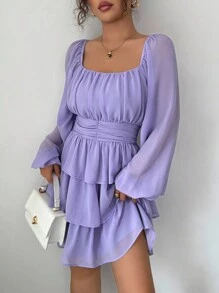 Selianne Đầm suông dáng chữ A, tay lỡ, ngắn, họa tiết bèo nhún, mặc đi chơi, đi nghỉ, tiệc trà chiều, màu trơn, cổ vuông, eo nhún, dáng suông, dáng suông, dáng suông, thời trang xuân/thu/đông cho nữ - Màu tím hoa cà - Xem 7