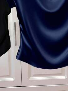 SHEIN Franclia 女士休闲纯色缎面亮面T恤衫，适合大学穿着 - 藏蓝色 - 查看 5