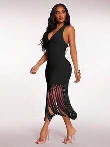 Radiana Women's Summer Boho Apricot Crochet Flowy Tassel Hem Dress, Vacation/Holiday/Beach Outfit - Black - View 4