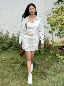SHEIN 3件套青少年女孩休闲白色宽松衬衫、背心和裤子套装 - 白色 - 查看 4