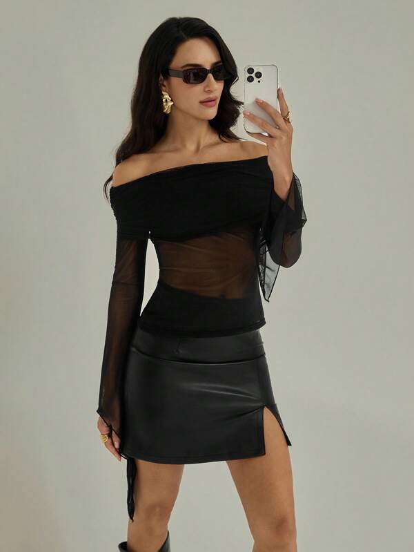 Modelyn Camisa de moda sexy para mujer con cuello decorado con metal combinada con camiseta