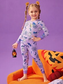Nick 90s | SHEIN 小女孩可爱万圣节卡通图案紧身长袖上衣和裤子睡衣套装，浅紫色 - 紫色 - 查看 1