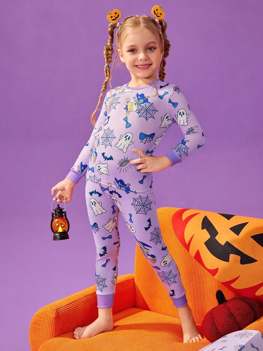 Nick 90s | SHEIN 小女孩可爱万圣节卡通图案紧身长袖上衣和裤子睡衣套装，浅紫色 - 紫色 - 查看 1