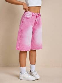 SHEIN Tall 女式休闲做旧拉链口袋宽松牛仔短裤，夏季 - 粉色 - 查看 3