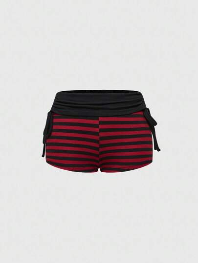 Punk Rock Cute Retro Music Festival Striped Contrast Color Drawstring Super Short Women Shorts